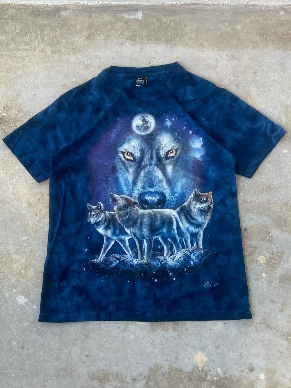 Vintage Caballo Wolf Graphic Tee Shirt Mens L Large Blue Tie Dye Double Sided